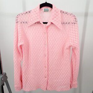 VTG 60s/70s Pink Open-Knit Button Shirt W/Dagger Collar  M/L Halloween Disco Mod